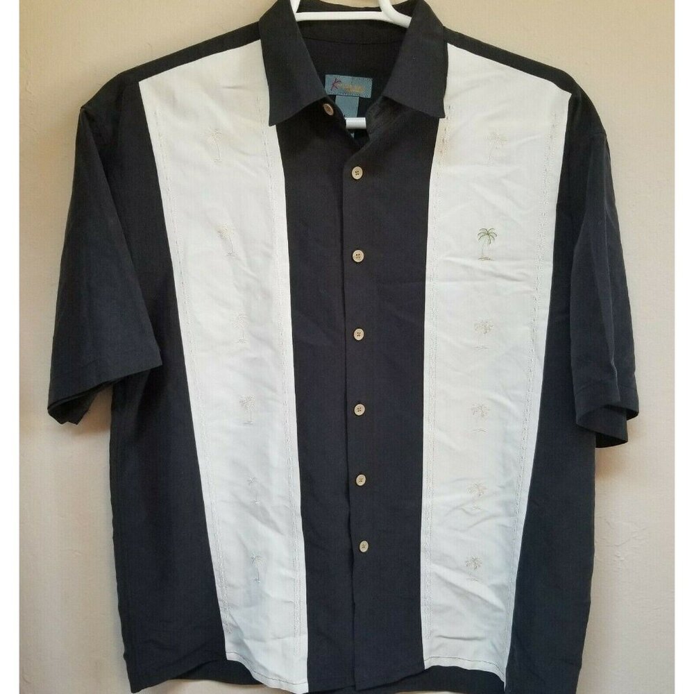 Kaylua Bay Shirt Mens Large Embroidered Palm Tree Button Up Short Sleeve Black